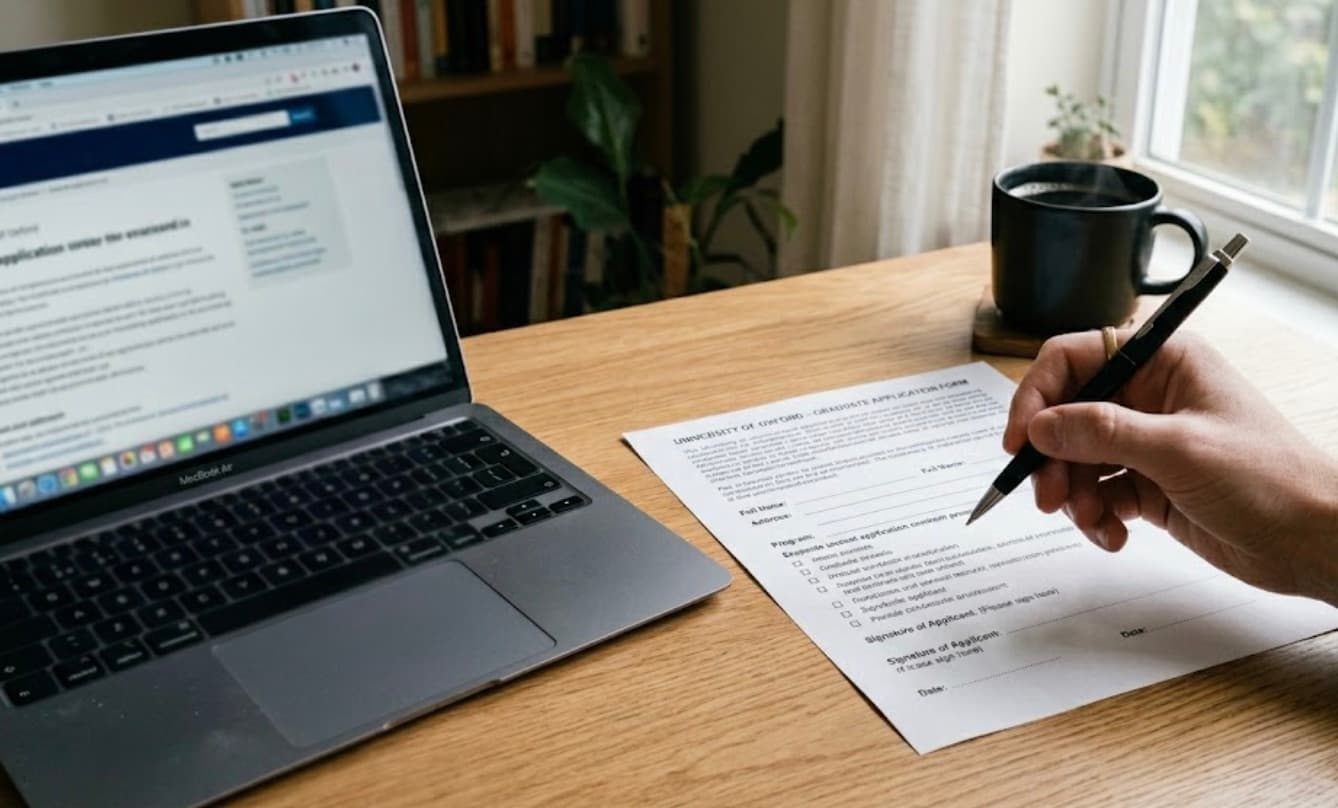 Laptop open to a long-form document next to a printed application form being signed, with a coffee on the desk - the practical work of preparing for an NDIS audit.